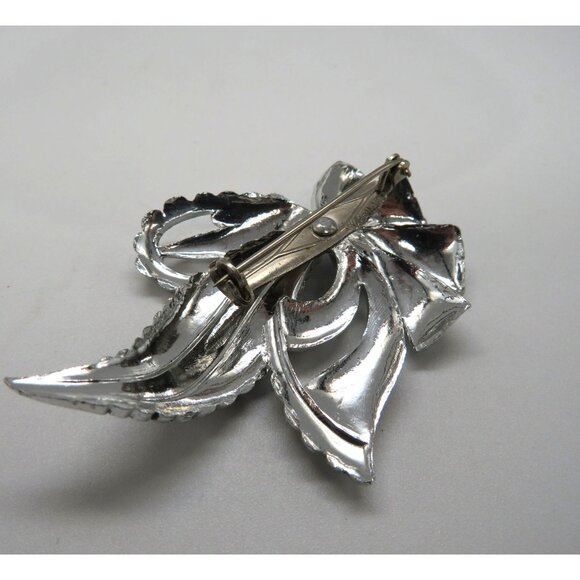 West Germany Flower Brooch Silver Tone Leaf Ribbon 1.5" Vintage Marcasite Look - Picture 9 of 11